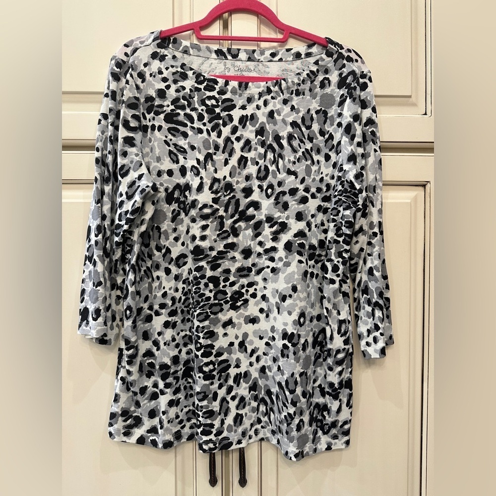 Chicos Grey Black Leopard Print Cotton Boat Neck 3/4 Sleeve Top Size 3 XL